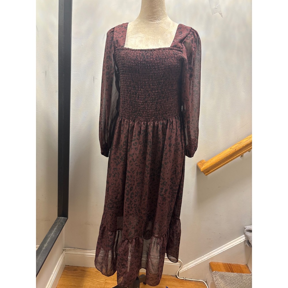 Nine West Smocked Midi Dress Womens L Burgundy Leopard Long Sleeve